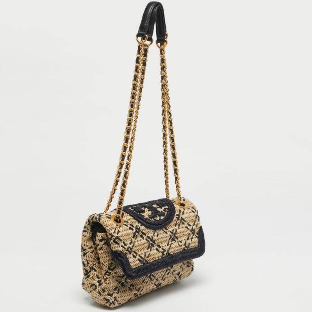 NWOT Tory Burch Small Black/Natural Raffia Convertible Fleming Shoulder Bag